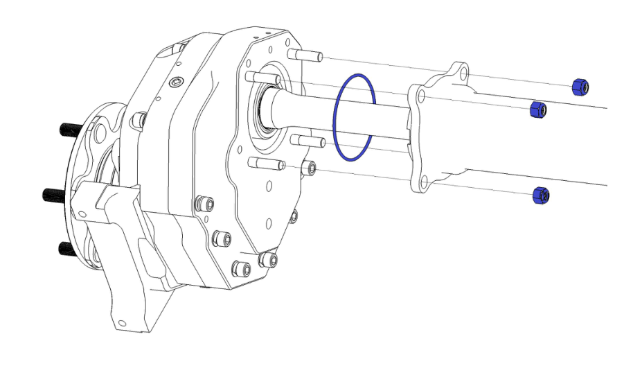 Grease O-ring 153 and install on axle housing lip — torque nylocks to 70 ft-lbs