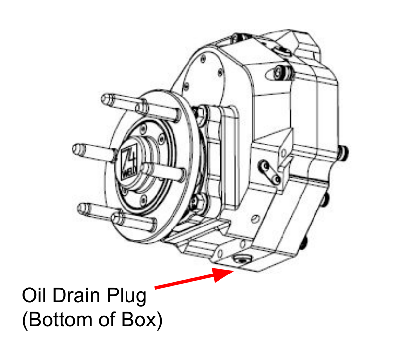 Oil drain plug location — bottom of box (magnet)